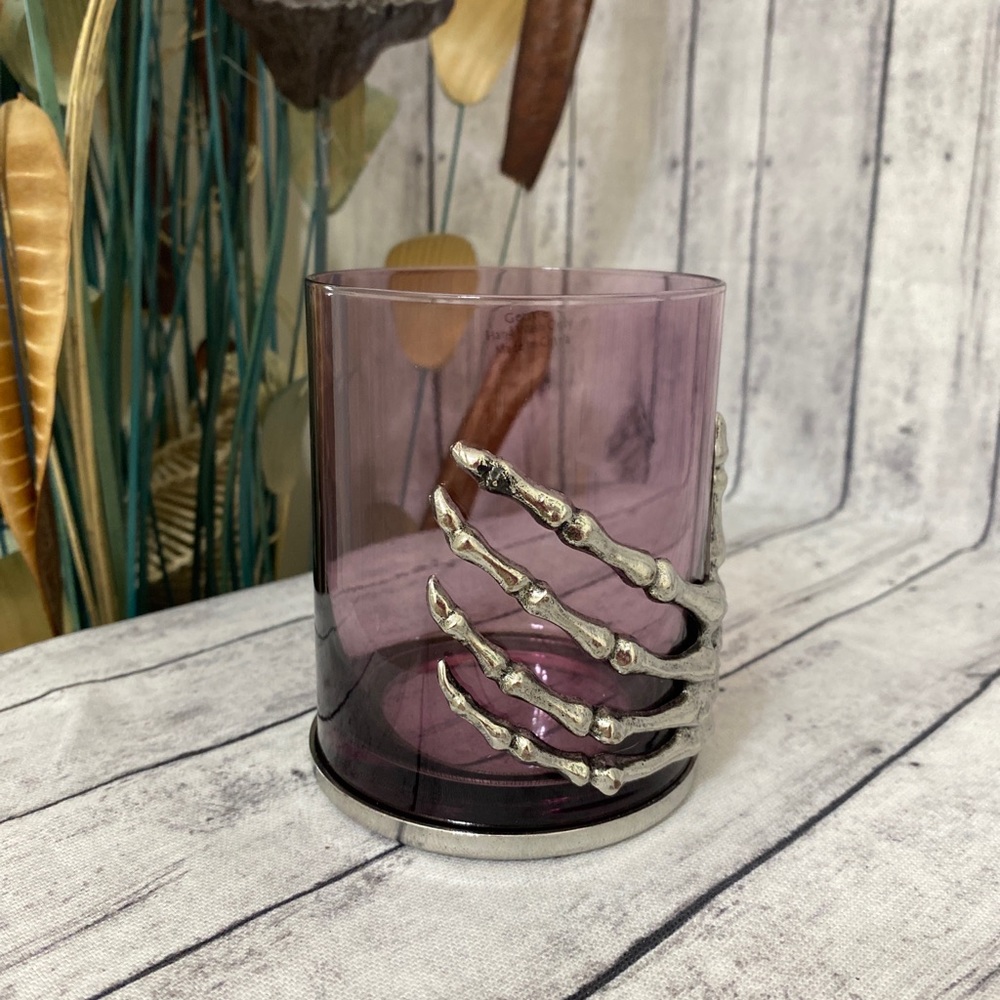 HALLOWEEN SKELETON HAND COCKTAIL GLASS - PURPLE GLASS WITH SLIVER METAL HAND!